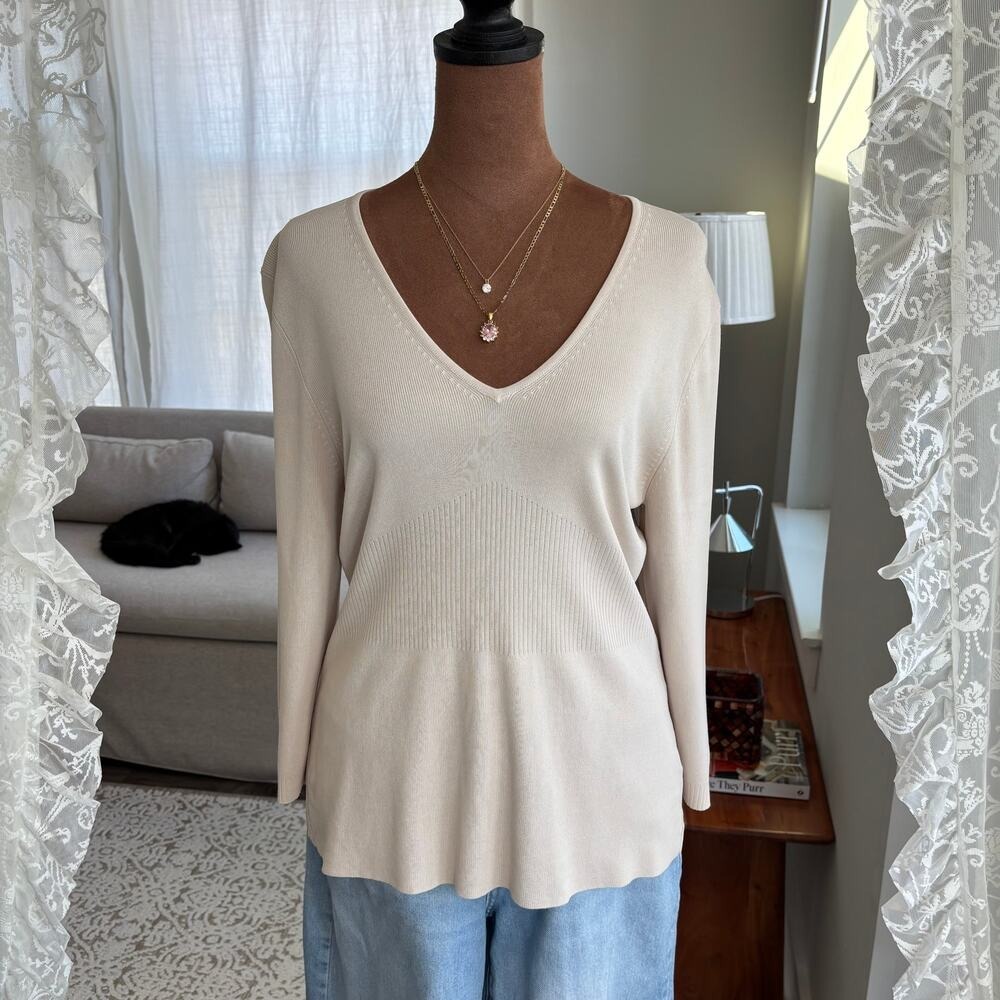 Vintage George Top Large Cream Knit V Neck Flowy 90s Minimalism Coastal Siren